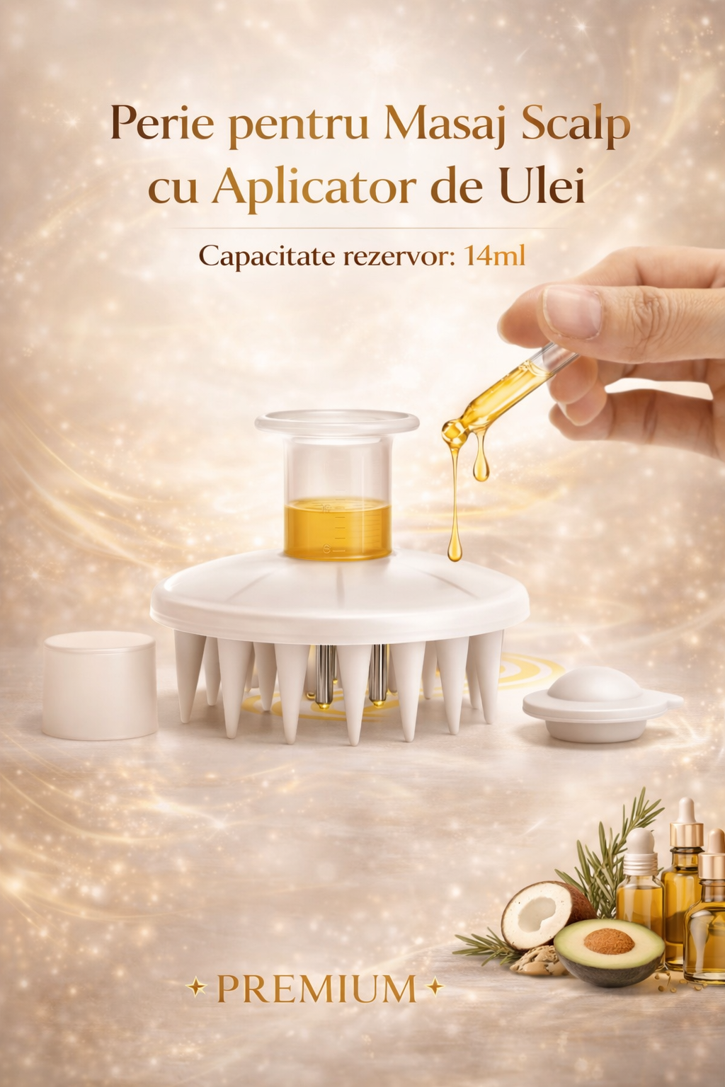 Perie pentru masaj scalp BeMagnetique cu aplicator de ulei, cu peri moi pentru stimularea și relaxarea pielii capului.