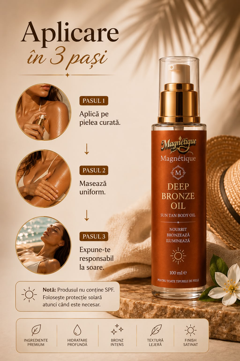 Deep Bronze Oil – Ulei Premium pentru Bronz Intens, Hidratare si efect natural de Glow 100ml