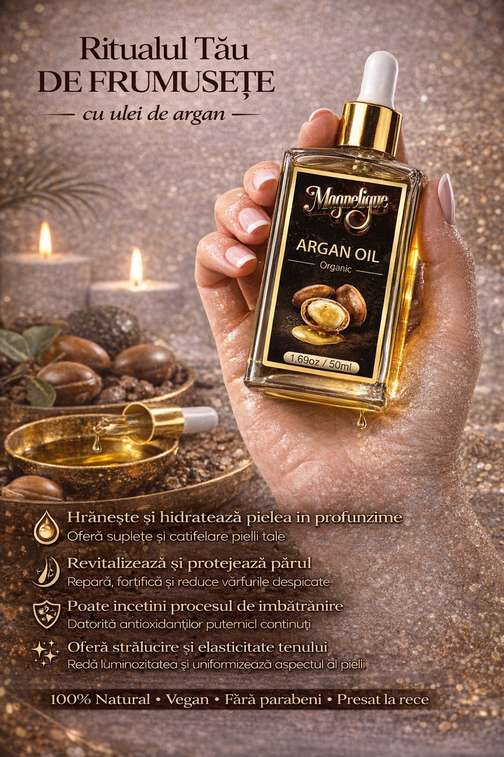 Ulei natural de argan BeMagnetique pentru piele, păr și corp, 50ml, sticlă cu pipetă și etichetă verde.