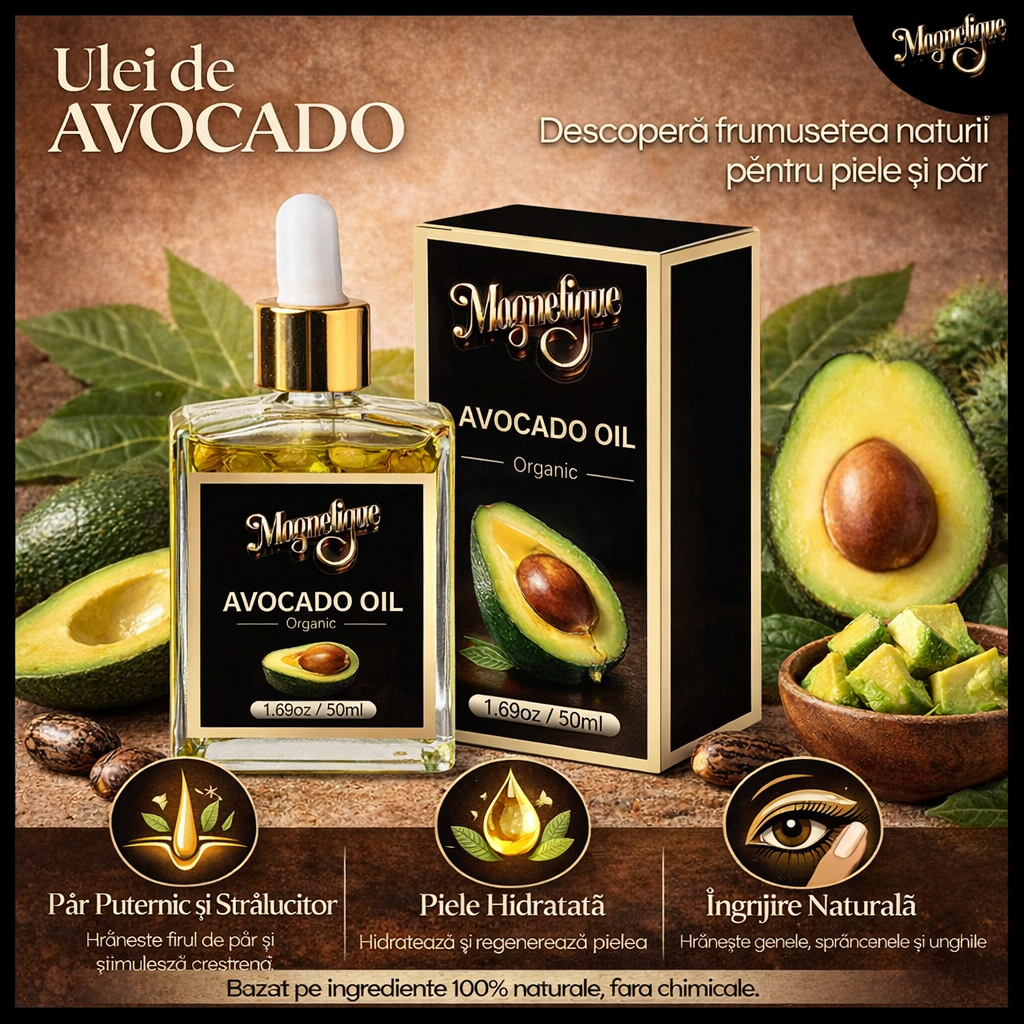 Ulei natural de avocado BeMagnetique pentru piele, păr și corp, sticlă de 50ml, cu avocado proaspăt și textură cremoasă