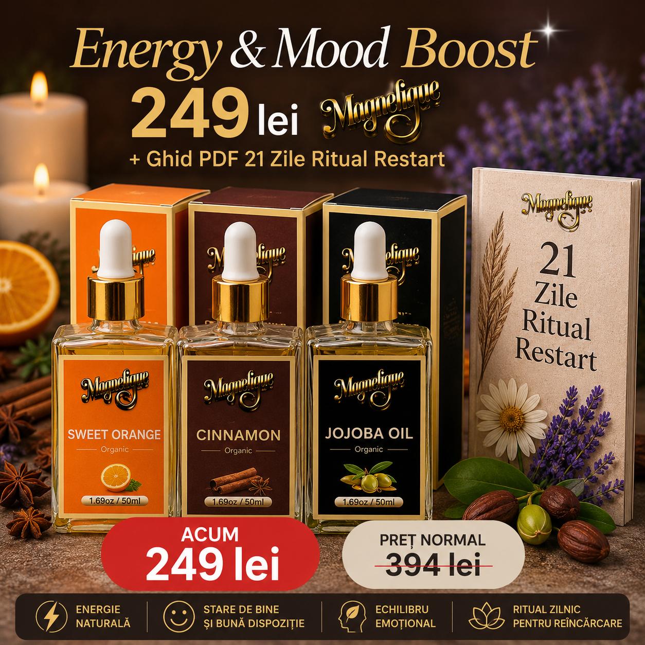 Ulei natural de portocală dulce, scorțișoară și jojoba pentru energie și starea de bine, de la BeMagnetique.