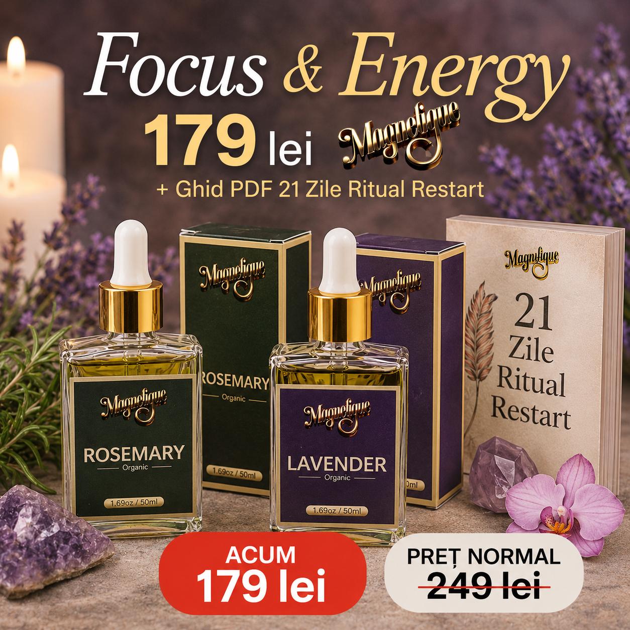 Ulei natural de rozmarin și lavandă pentru concentrare și energie, pachet BeMagnetique, aromă relaxantă și revitalizantă