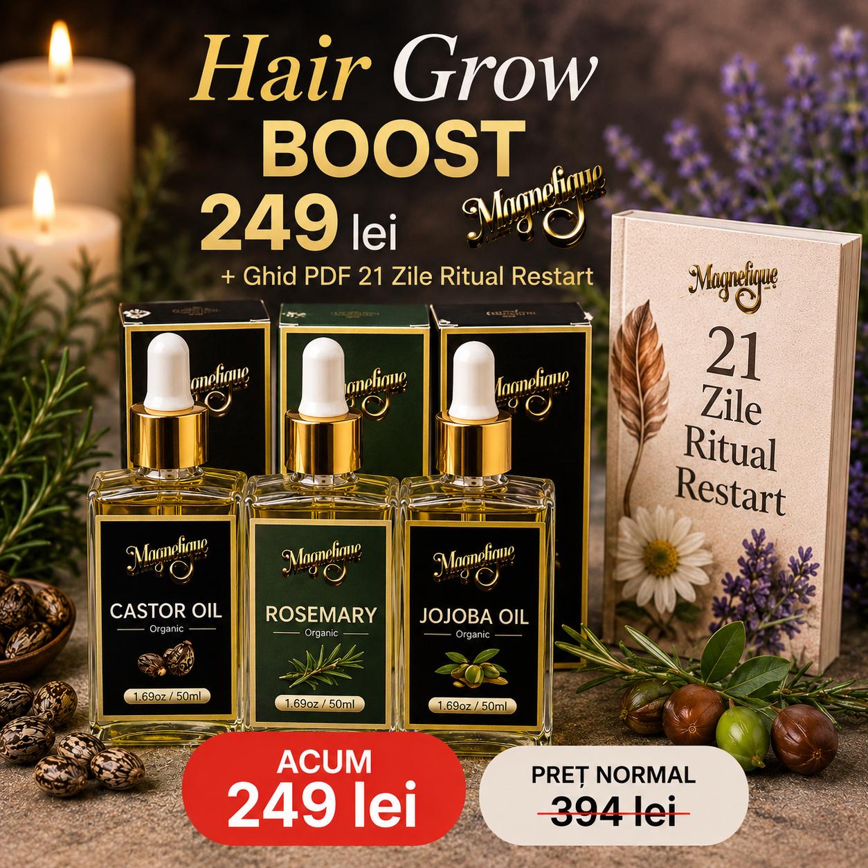 Ulei natural de ricin, rozmarin și jojoba din pachet Hair Grow Boost de la BeMagnetique pentru creșterea părului.