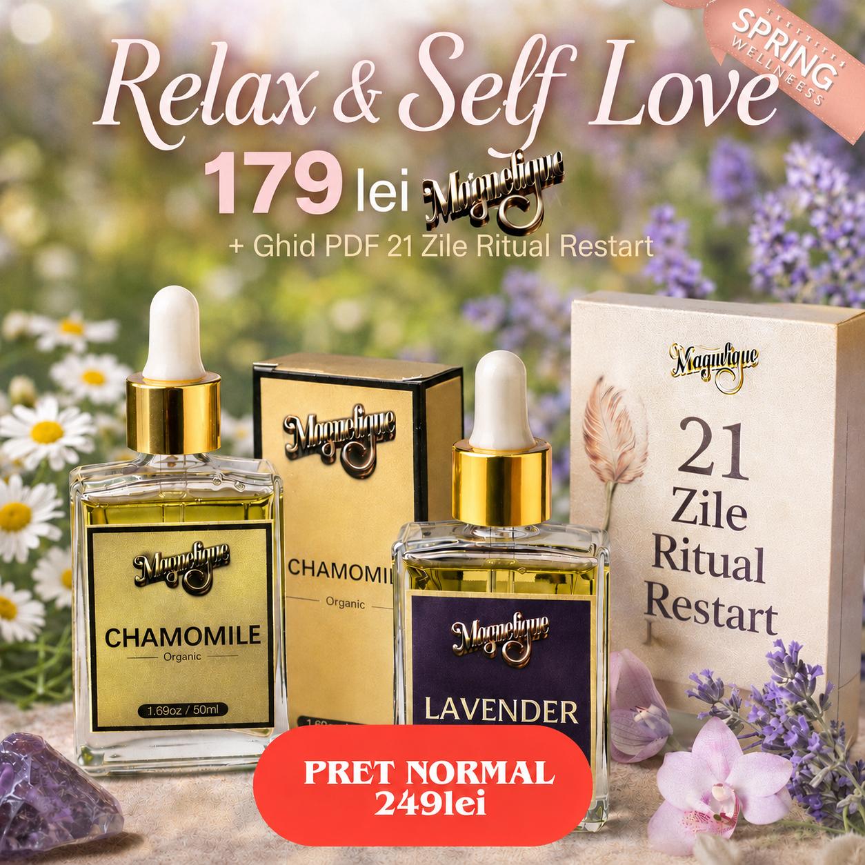 Ulei natural de mușețel și lavandă BeMagnetique pentru relaxare și iubire de sine într-un pachet de produse aromatice.