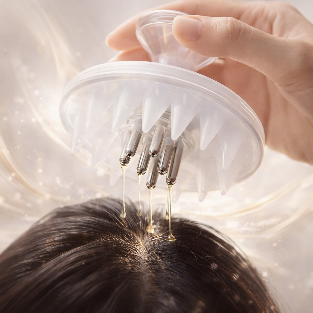 Perie pentru masaj scalp BeMagnetique cu aplicator de ulei, cu peri moi și mâner ergonomic pentru relaxare și îngrijire a scalpului.