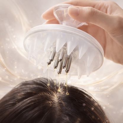 Perie pentru masaj scalp BeMagnetique cu aplicator de ulei, cu peri moi și mâner ergonomic pentru relaxare și îngrijire a scalpului.