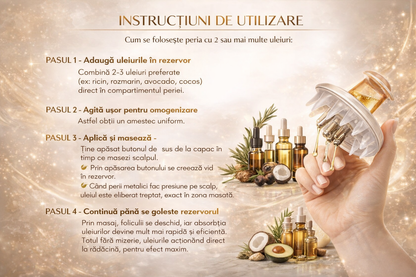 Perie pentru masaj scalp BeMagnetique cu aplicator de ulei, cu peri moi și mâner ergonomic pentru relaxare și stimulare a pielii capului.