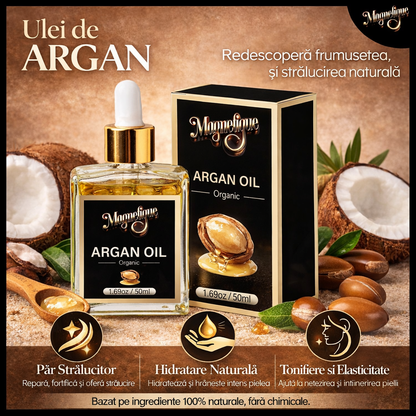 Ulei natural de argan BeMagnetique pentru piele, păr și corp, 50ml, sticlă transparentă cu etichetă.