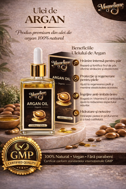 Ulei natural de argan BeMagnetique pentru piele, păr și corp, flacon de 50ml, textură ușoară și beneficii hrănitoare