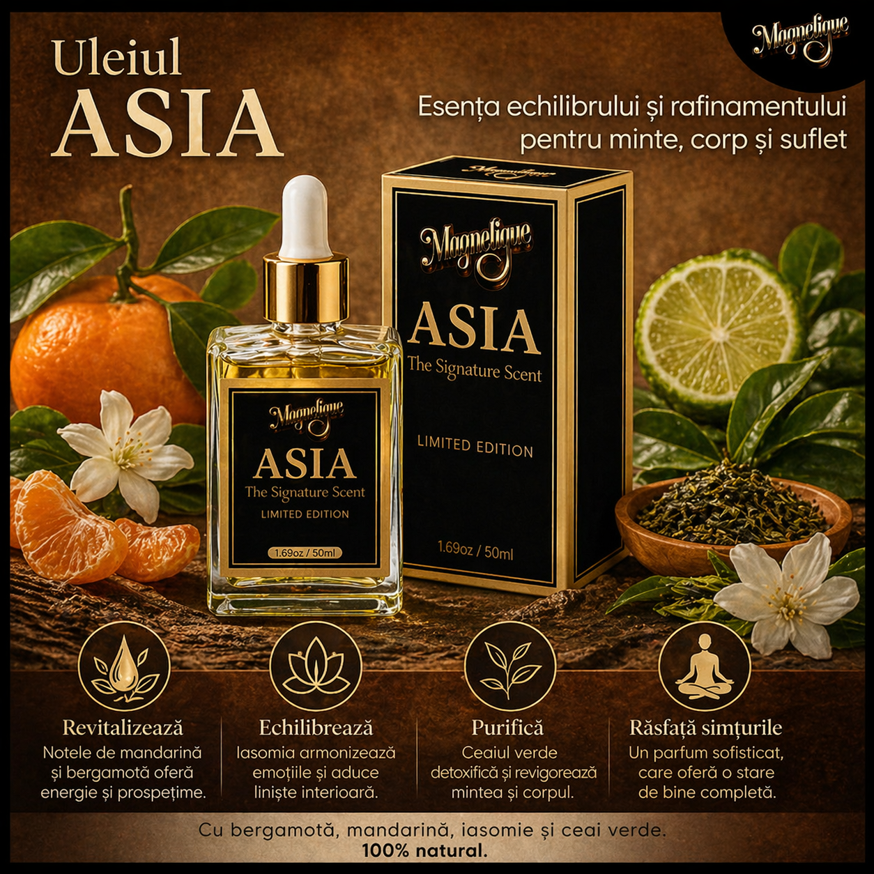 Parfum ASIA de la BeMagnetique, flacon de 50ml, cu note de bergamotă, mandarină, iasomie și ceai verde, stând pe masă.