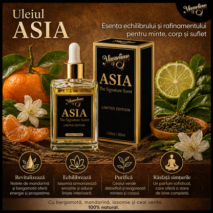 Parfum ASIA de la BeMagnetique, flacon de 50ml, cu note de bergamotă, mandarină, iasomie și ceai verde, stând pe masă.