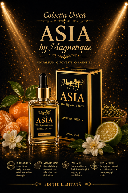Ulei parfum Asia BeMagnetique cu bergamotă, mandarină, iasomie și ceai verde, sticlă de 50ml, cu aromă floral-lemnoasă.