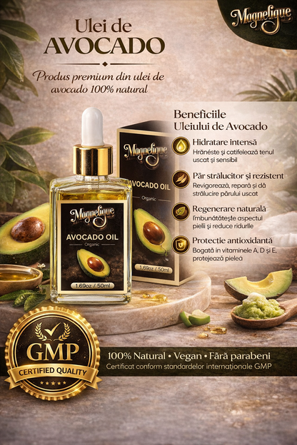 Ulei natural de avocado BeMagnetique, 50ml, pentru piele, păr și corp, ilustrat printr-un avocado tăiat și sticla cu ulei.