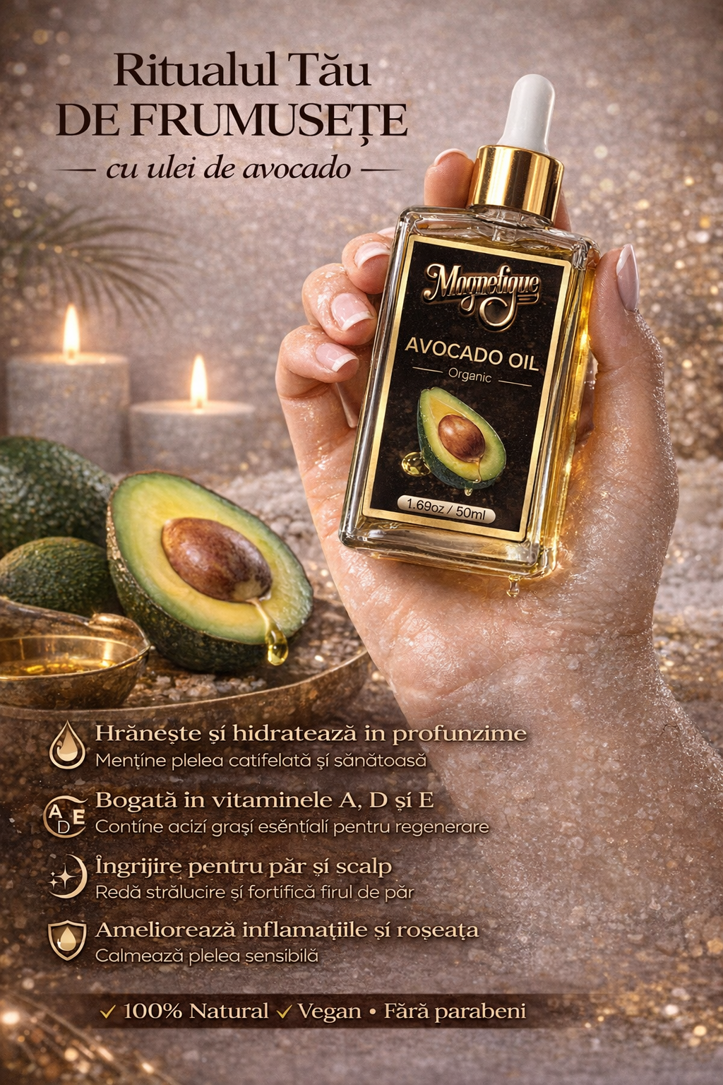 Ulei natural de avocado BeMagnetique pentru piele, păr și corp, sticla de 50ml cu avocado proaspăt și textură cremoasă