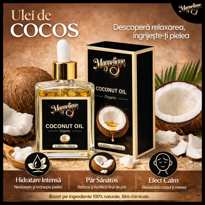 Ulei natural de cocos BeMagnetique pentru piele, păr și corp, 50ml, textură lichidă și ambalaj transparent.