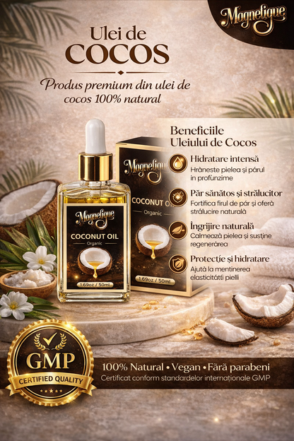 Ulei natural de cocos BeMagnetique pentru piele, păr și corp, 50ml, sticlă transparentă cu etichetă albă și conținut cremos.