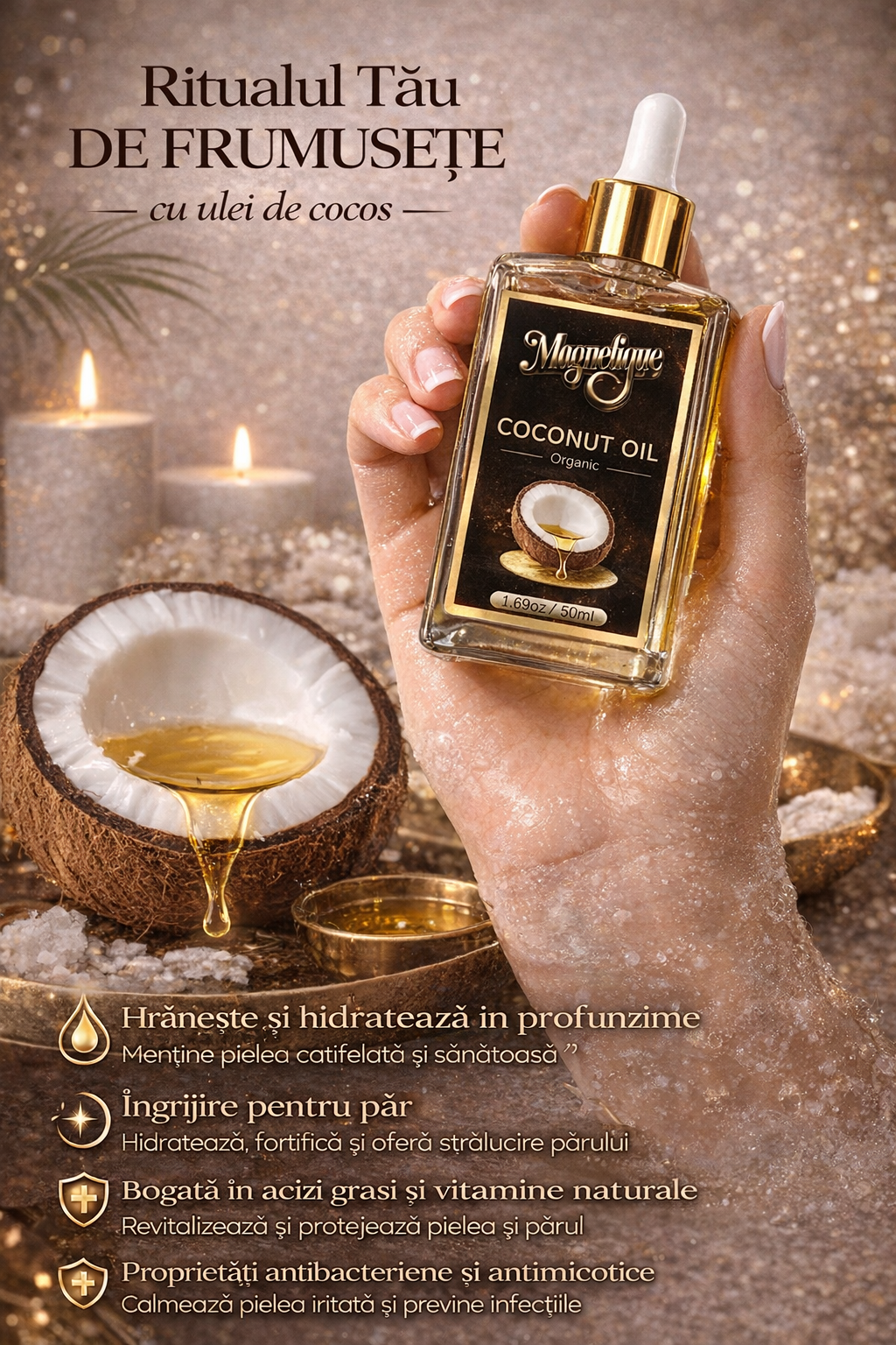 Ulei natural de cocos BeMagnetique pentru piele, păr și corp, 50ml, textură cremoasă și aromată de cocos