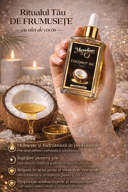 Ulei natural de cocos BeMagnetique pentru piele, păr și corp, 50ml, textură cremoasă și aromată de cocos