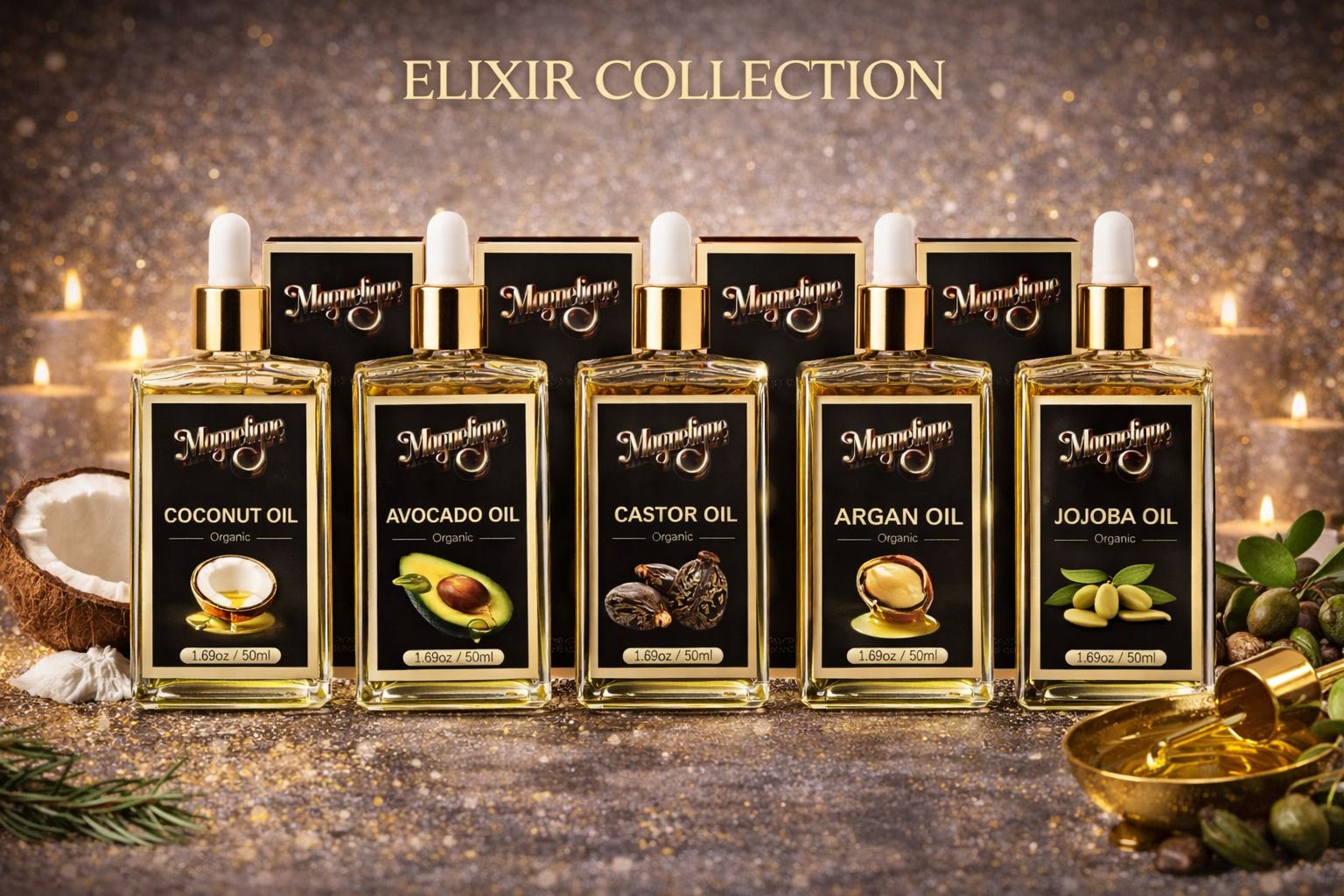 Ulei natural de cocos Magnetique pentru piele, păr și corp, sticlă de 50ml, ambalaj elegant din colecția Elixir.
