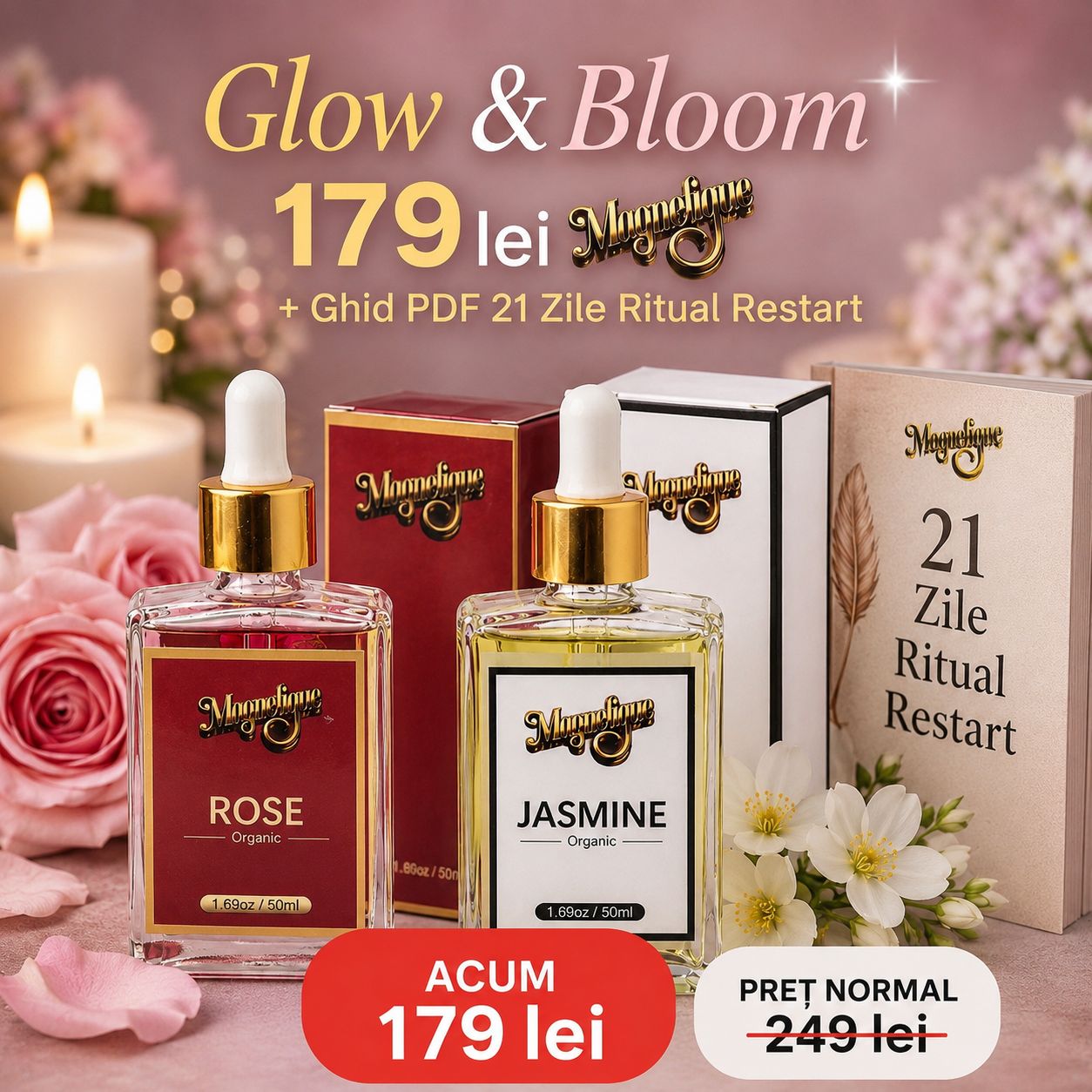 Pachet Glow & Bloom cu ulei natural de trandafir și iasomie, flacoane elegante de uleiuri esențiale de la BeMagnetique