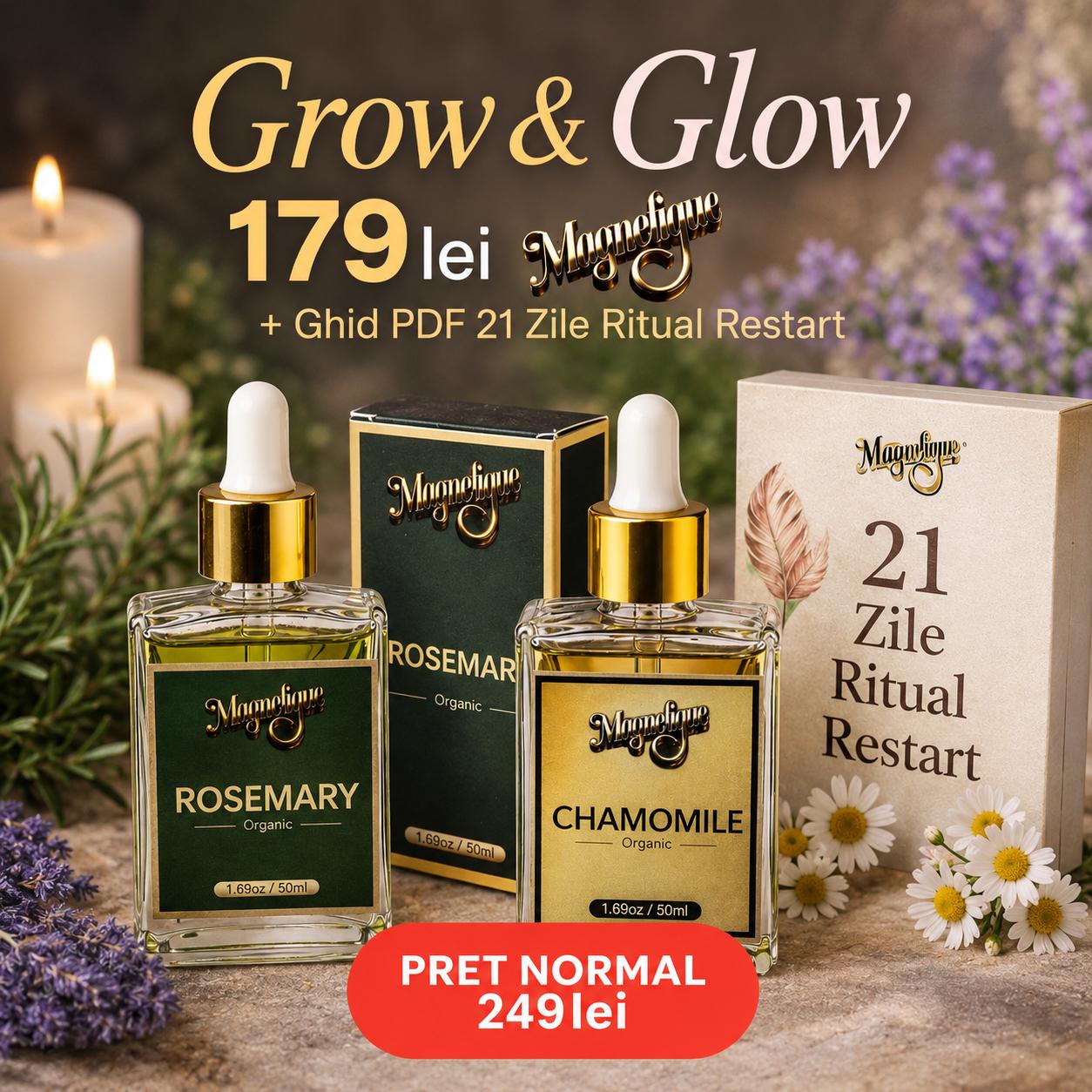 Pachet Grow & Glow cu ulei natural de rozmarin și mușețel, pentru îngrijirea părului și pielii, de la BeMagnetique