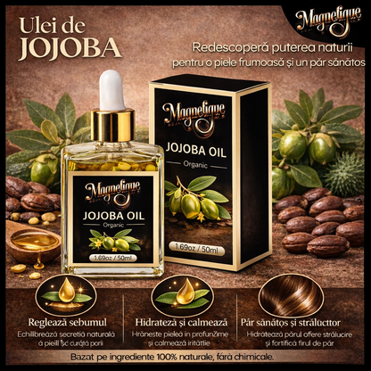 Ulei natural de jojoba BeMagnetique pentru piele, păr și corp, 50ml, flacon cu ulei clar și sticlă.