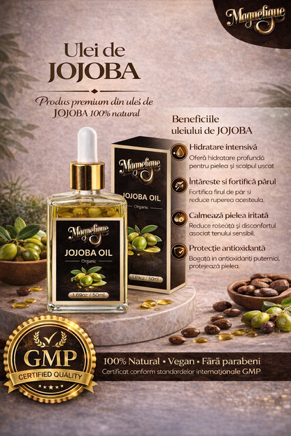 Ulei natural de jojoba pentru piele, păr și corp, BeMagnetique, 50ml, sticlă transparentă cu etichetă albă și cap roșu