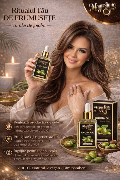 Ulei natural de jojoba BeMagnetique pentru piele, păr și corp, flacon de 50ml, textură lichidă clară și etichetă pe recipient.