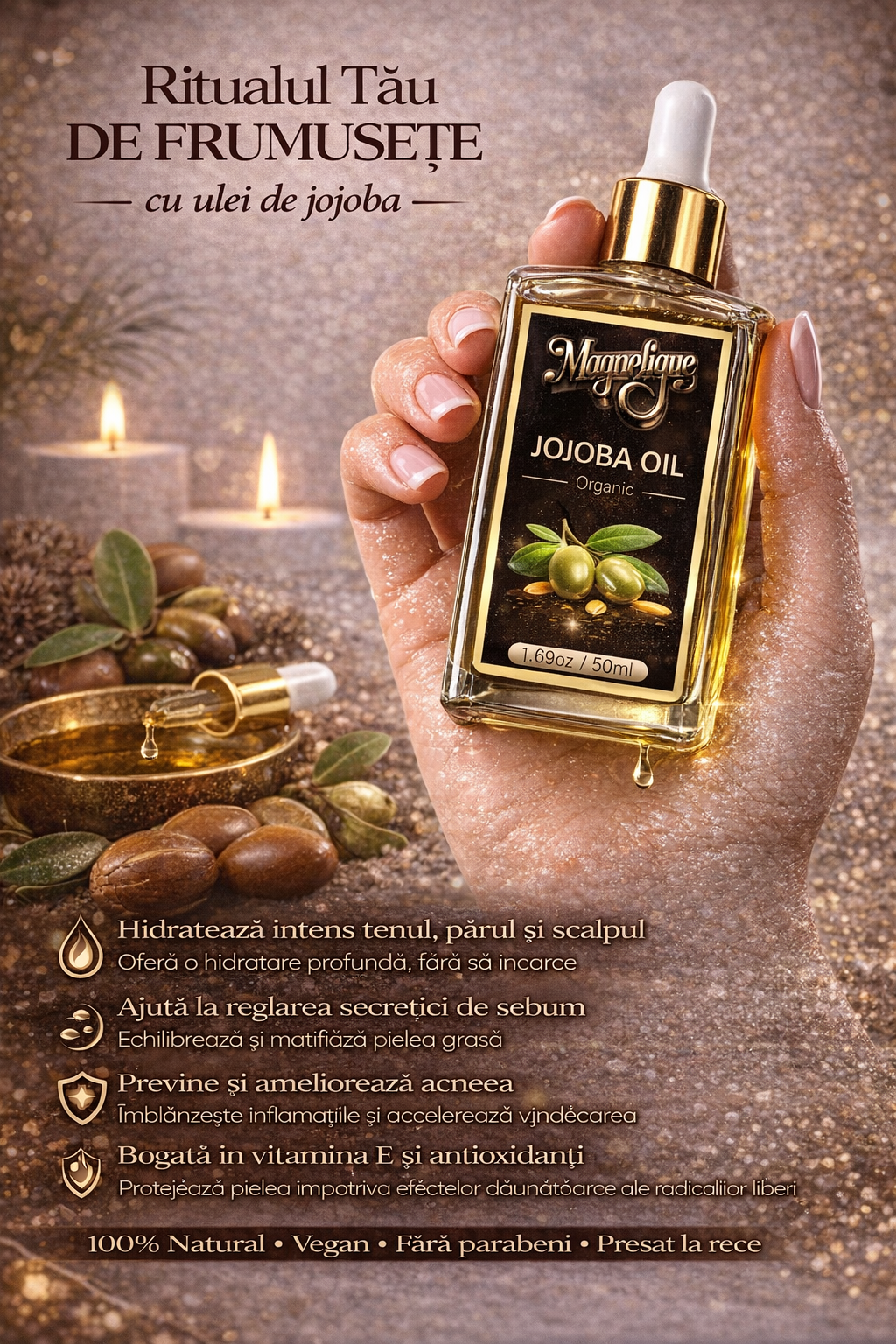 Ulei natural de jojoba BeMagnetique pentru piele, păr și corp, sticlă de 50ml, textură lichidă și transparentă.
