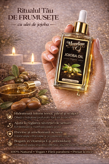 Ulei natural de jojoba BeMagnetique pentru piele, păr și corp, sticlă de 50ml, textură lichidă și transparentă.