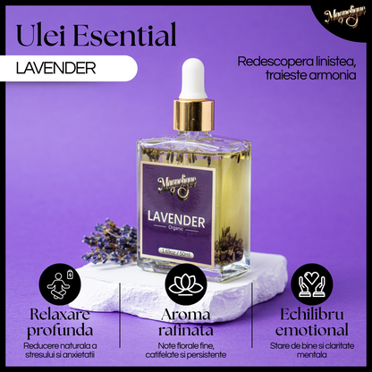 Ulei natural de mușețel și lavandă BeMagnetique, pentru relaxare și iubire de sine, în recipient elegant, prezentat în imagine.