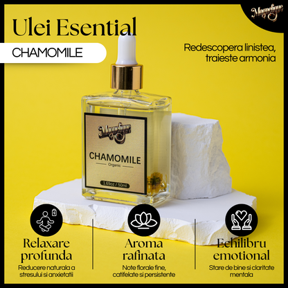 Ulei natural de mușețel și lavandă BeMagnetique pentru relaxare și autoîngrijire, sticluțe de ulei esențial în imagine.