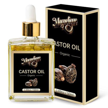 Ulei natural de ricin BeMagnetique pentru păr, sprâncene și corp, 50ml, sticlă transparentă cu etichetă albă și neagră