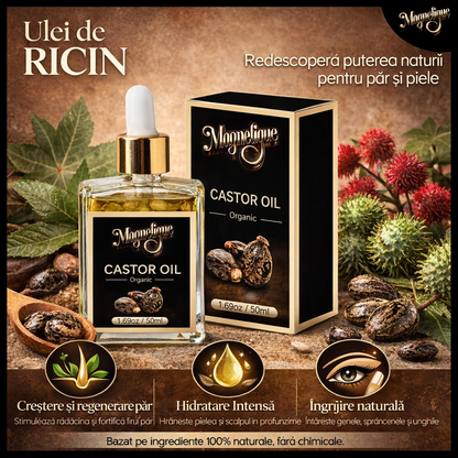 Ulei natural de ricin BeMagnetique pentru păr, sprâncene și corp, flacon de 50ml, textură groasă și transparentă.