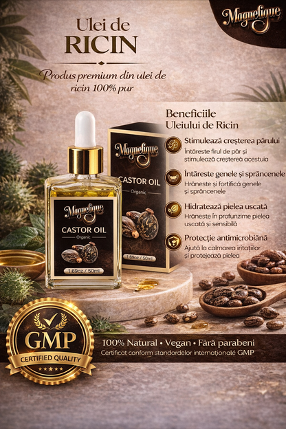 Ulei natural de ricin BeMagnetique pentru păr, sprâncene și corp, recipient de 50ml, textură groasă și transparentă