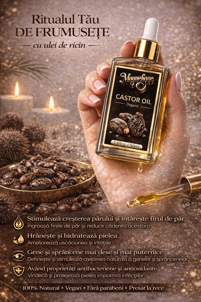 Ulei natural de ricin BeMagnetique pentru păr, sprâncene și corp, sticlă de 50ml cu etichetă albă și capac negru